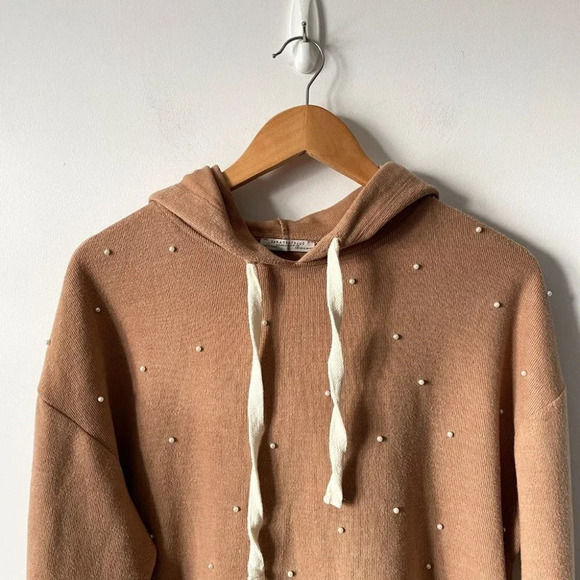 Zara Pearl Sweatshirt Sweater Pullover Hooded Tan Camel Size Small - Picture 7 of 10